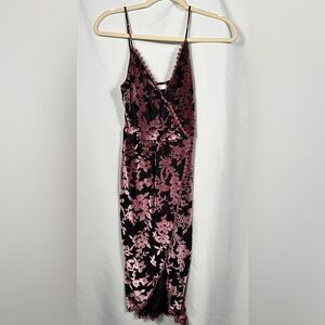 90's Y2K Pink and Black Velvet Floral Burnout Dress XS Dark Fairy Grunge